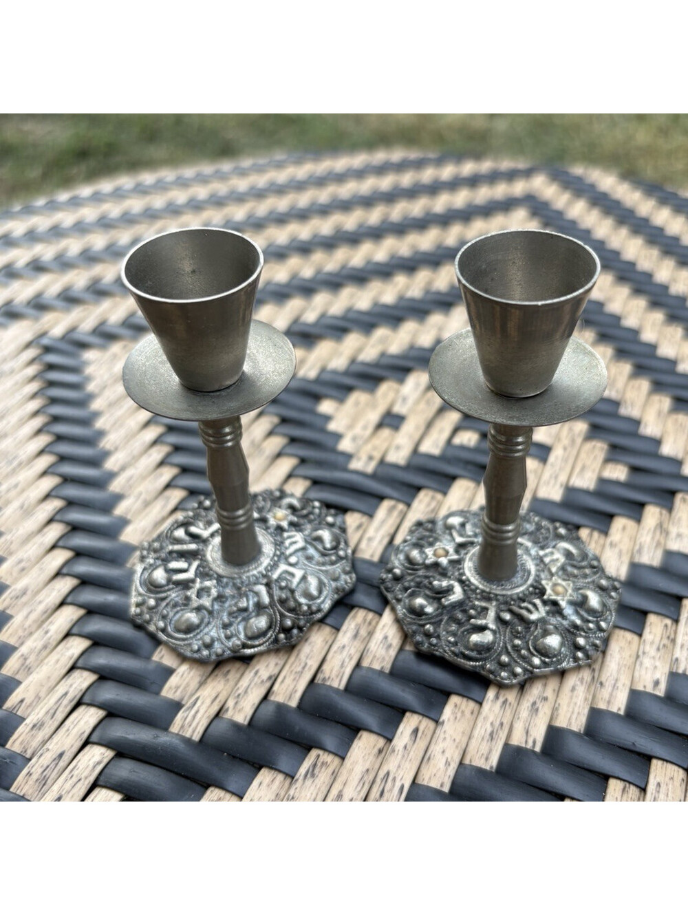 Jewish Set of 2 Silver Metal Taper Candle Holders, Round Base, 4 in Tall